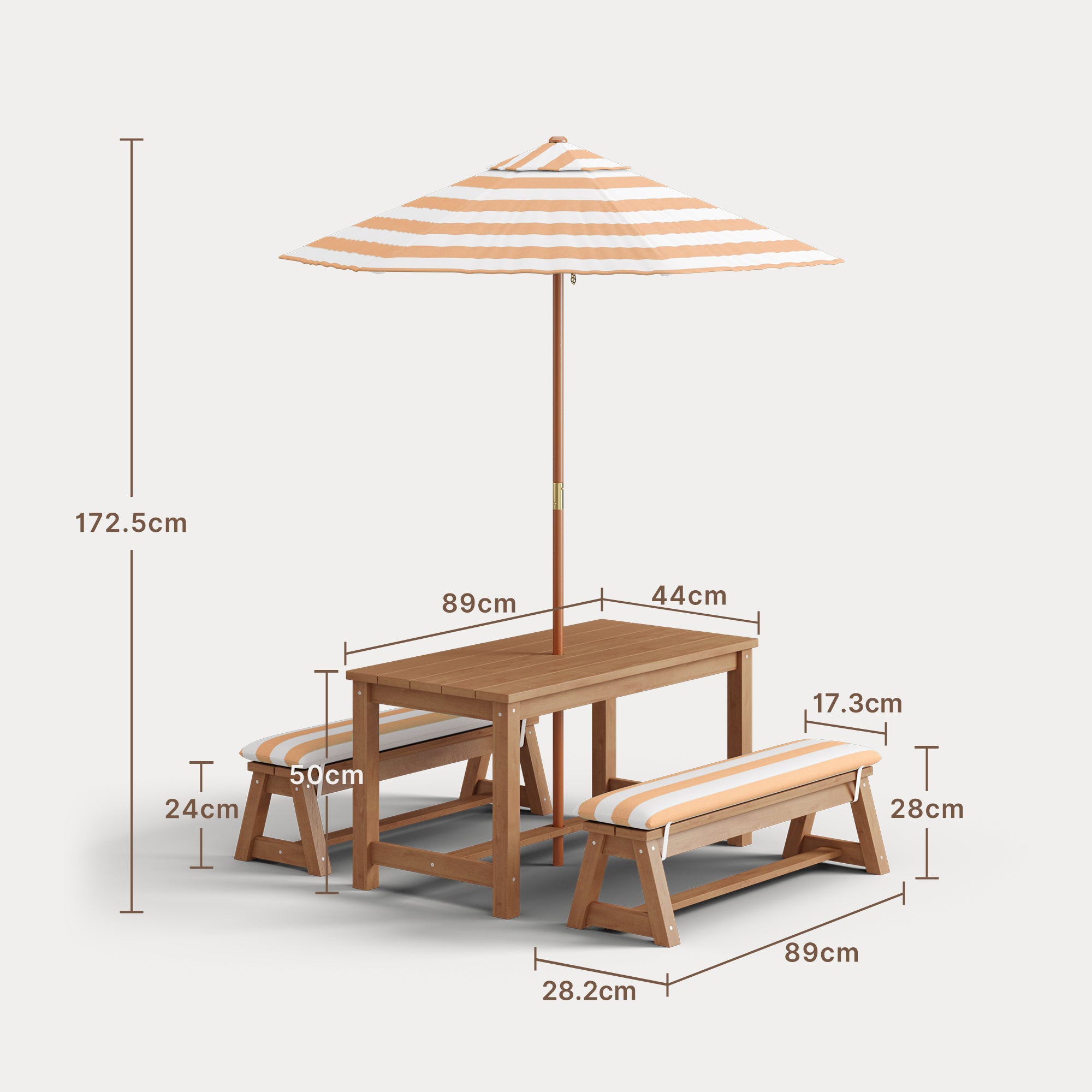 Bealife EB02 Ensemble de meubles de jardin pour enfants 4 pièces, parasol rayé et 2 bancs pour terrasses, balcons et piscines
