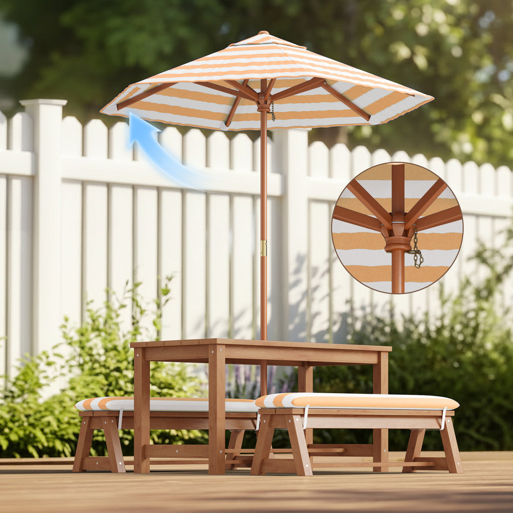 Bealife EB02 Ensemble de meubles de jardin pour enfants 4 pièces, parasol rayé et 2 bancs pour terrasses, balcons et piscines
