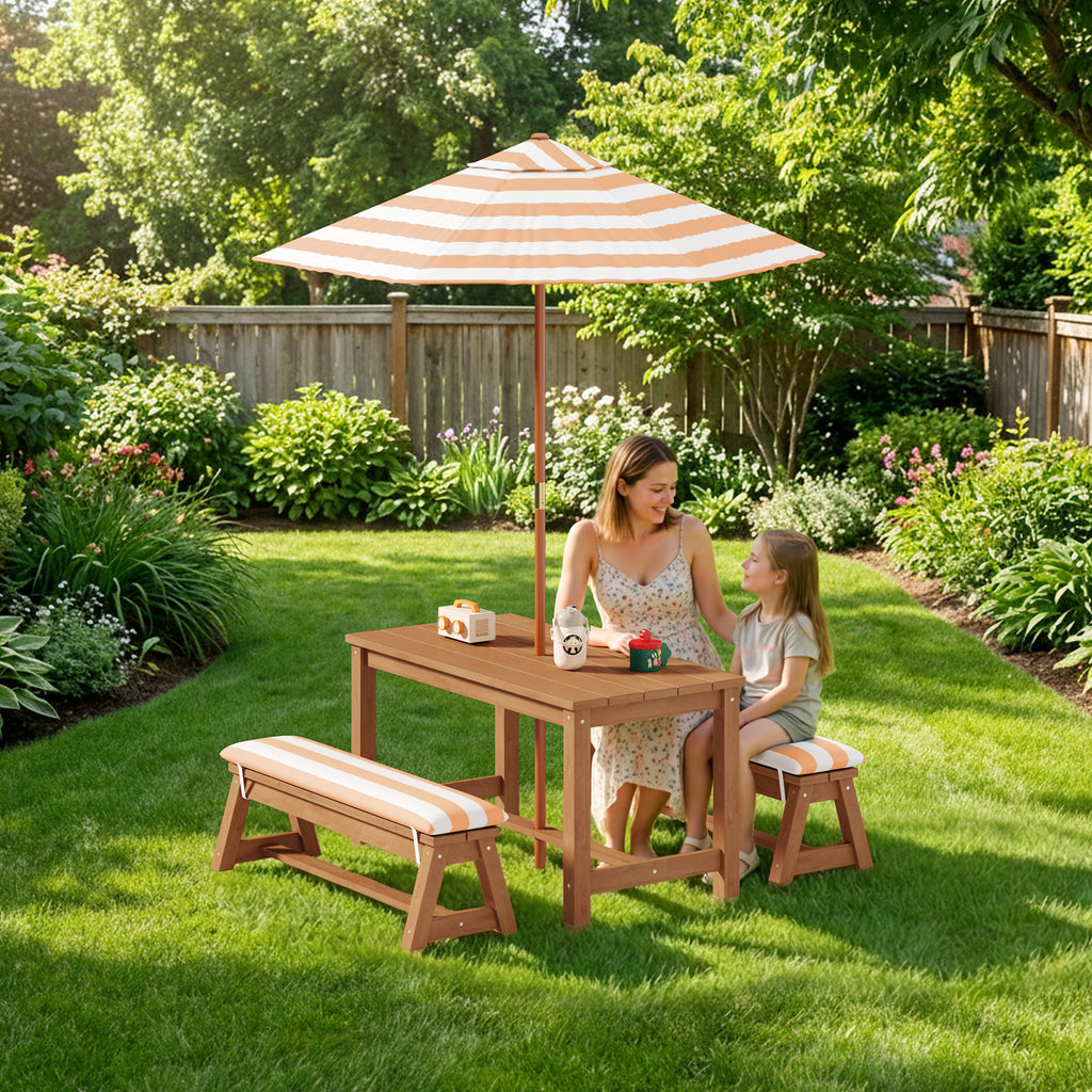 Bealife EB02 Ensemble de meubles de jardin pour enfants 4 pièces, parasol rayé et 2 bancs pour terrasses, balcons et piscines