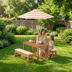 Bealife EB02 Ensemble de meubles de jardin pour enfants 4 pièces, parasol rayé et 2 bancs pour terrasses, balcons et piscines