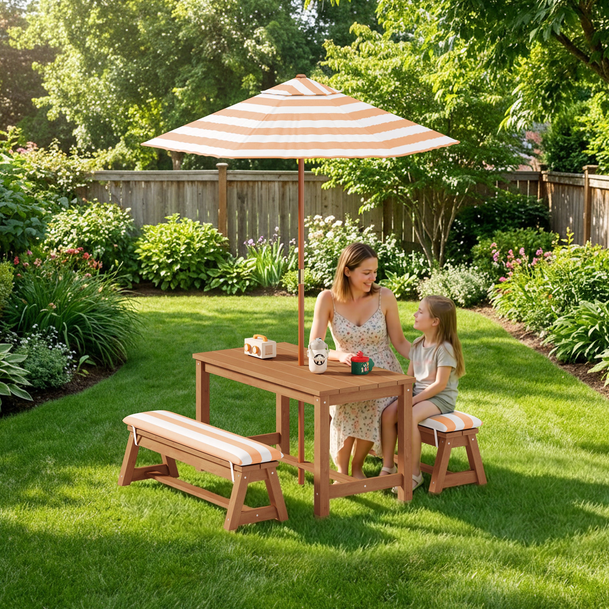 Bealife EB02 Ensemble de meubles de jardin pour enfants 4 pièces, parasol rayé et 2 bancs pour terrasses, balcons et piscines