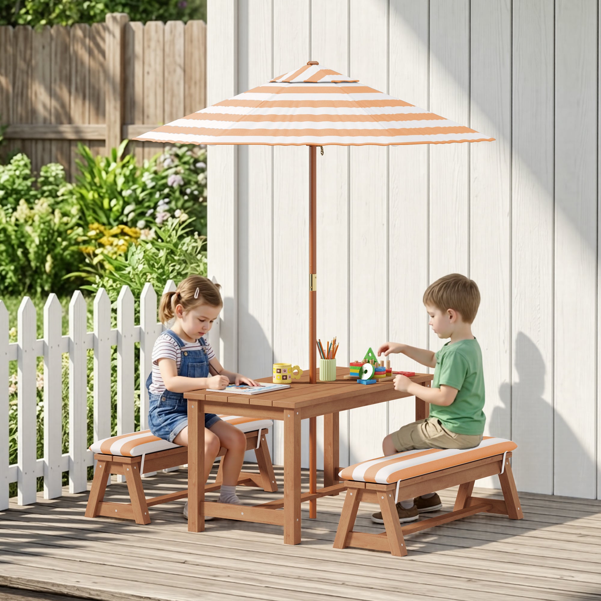 Bealife EB02 Ensemble de meubles de jardin pour enfants 4 pièces, parasol rayé et 2 bancs pour terrasses, balcons et piscines