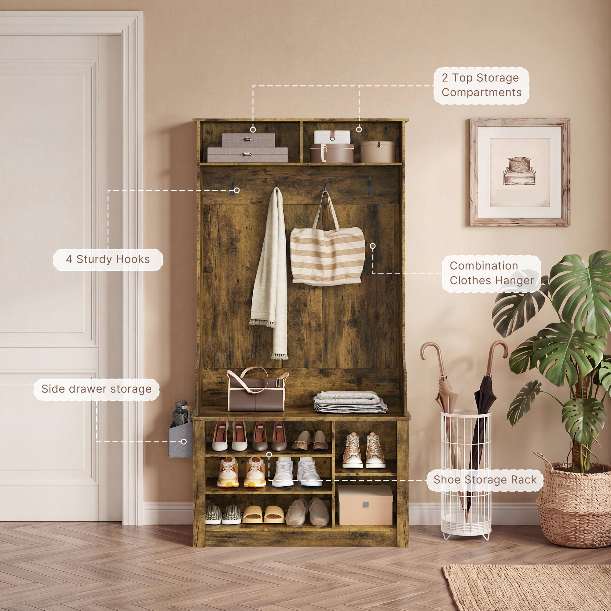 Bealife FS29 Meuble d'entrée avec patères, étagère à chaussures et compartiments ouverts
