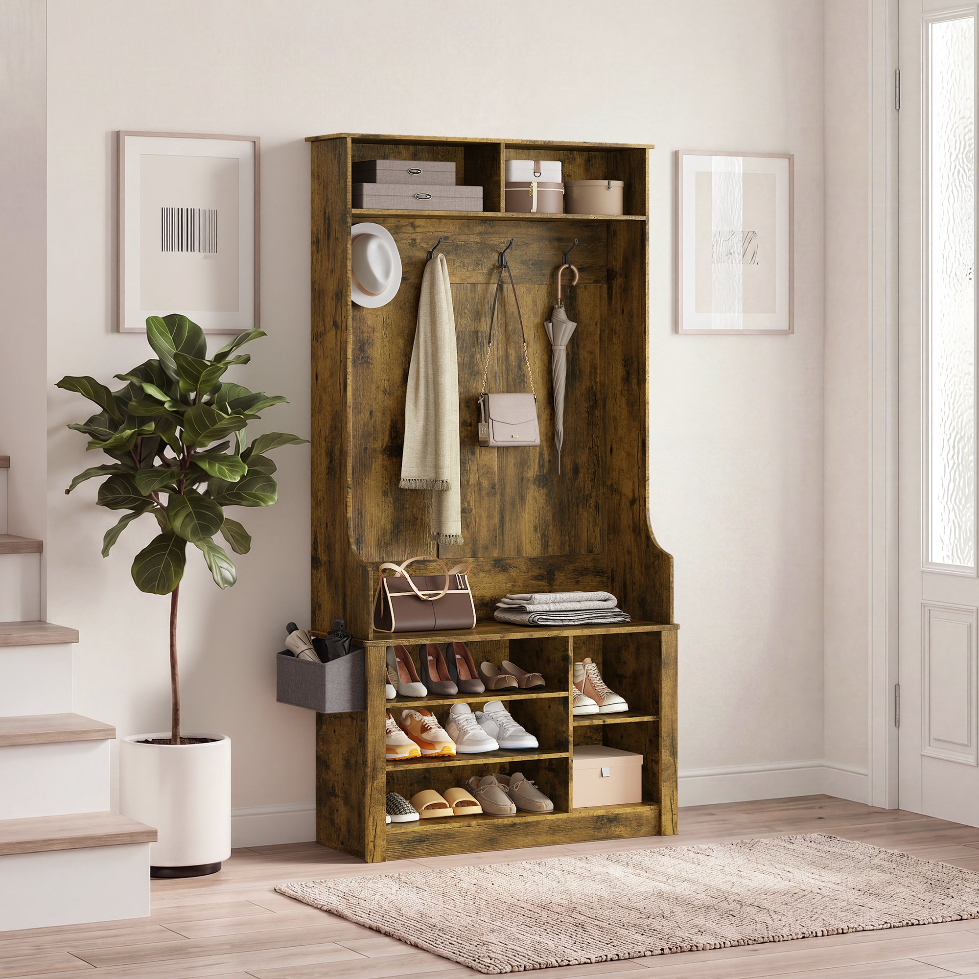 Bealife FS29 Meuble d'entrée avec patères, étagère à chaussures et compartiments ouverts