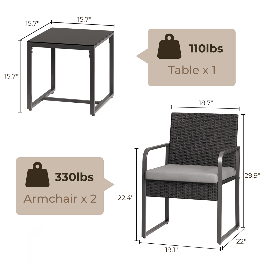 Bealife WR212 Garden Furniture Sets, 3-Piece Garden Table and Chair Set for Outdoor Relaxation
