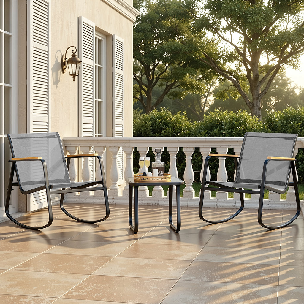 Bealife WR218 Ensemble de meubles de jardin 3 pièces, 2 chaises à bascule en maille et 1 table en verre pour meubles de balcon et salons de jardin