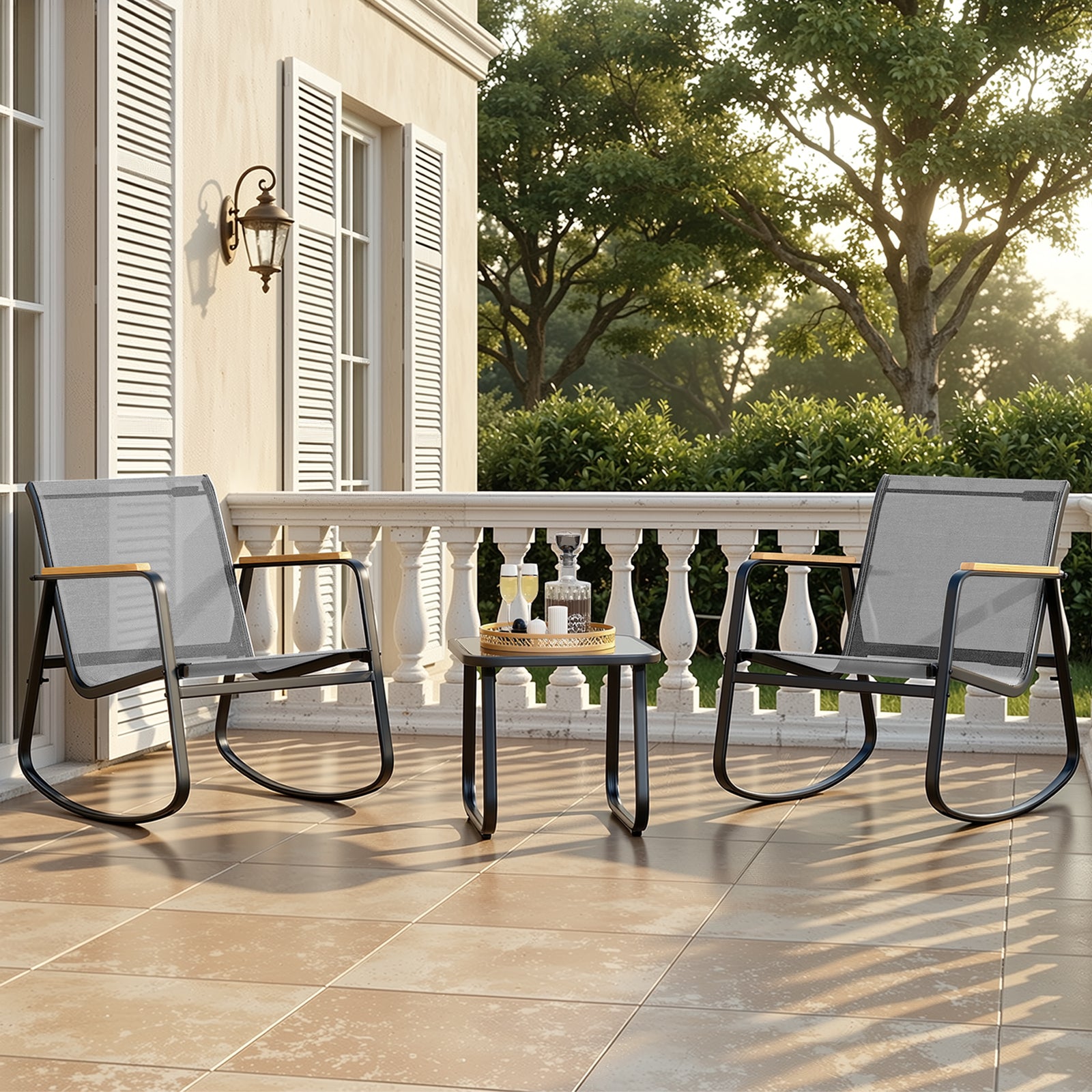 Bealife WR218 Ensemble de meubles de jardin 3 pièces, 2 chaises à bascule en maille et 1 table en verre pour meubles de balcon et salons de jardin