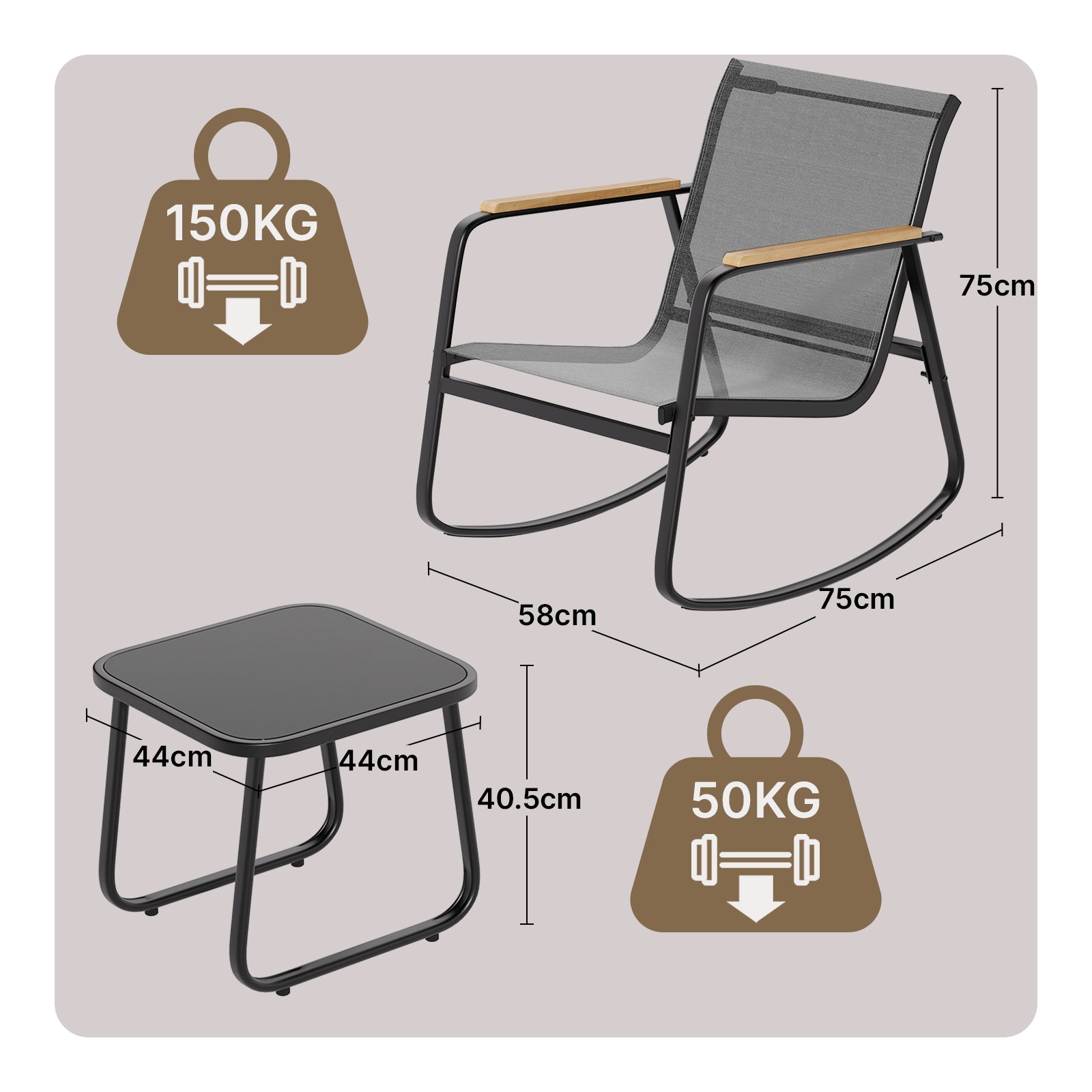 Bealife WR218 Ensemble de meubles de jardin 3 pièces, 2 chaises à bascule en maille et 1 table en verre pour meubles de balcon et salons de jardin