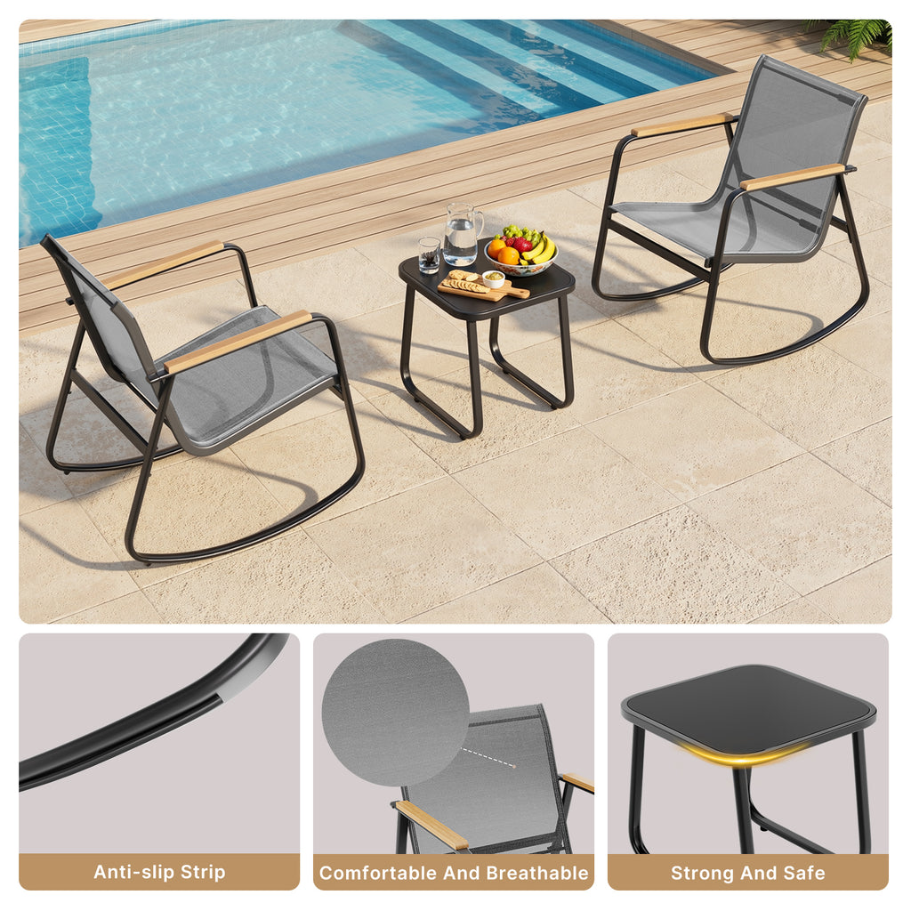 Bealife WR218 Ensemble de meubles de jardin 3 pièces, 2 chaises à bascule en maille et 1 table en verre pour meubles de balcon et salons de jardin