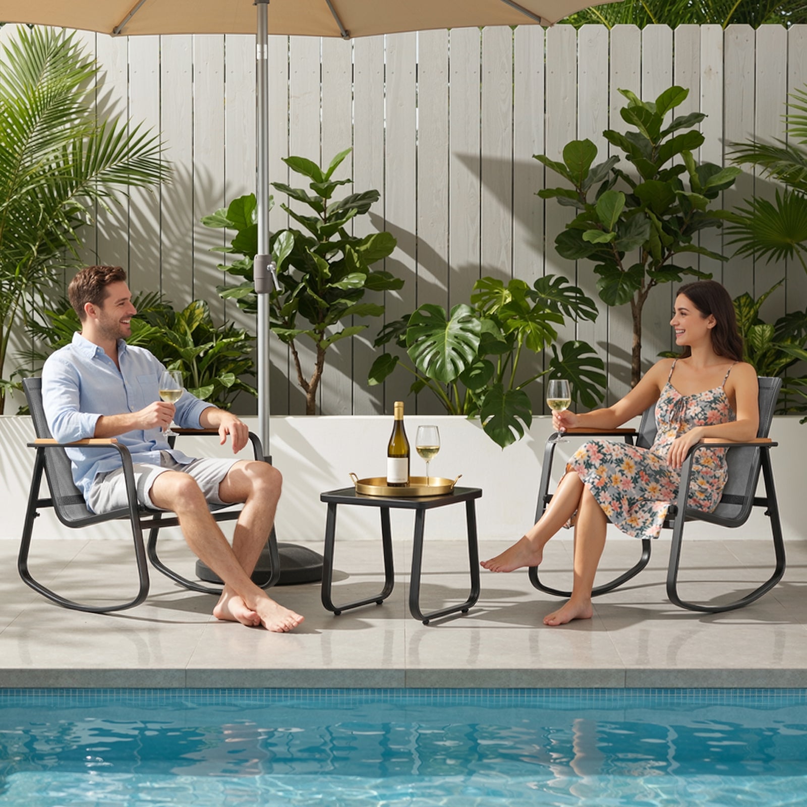 Bealife WR218 Ensemble de meubles de jardin 3 pièces, 2 chaises à bascule en maille et 1 table en verre pour meubles de balcon et salons de jardin