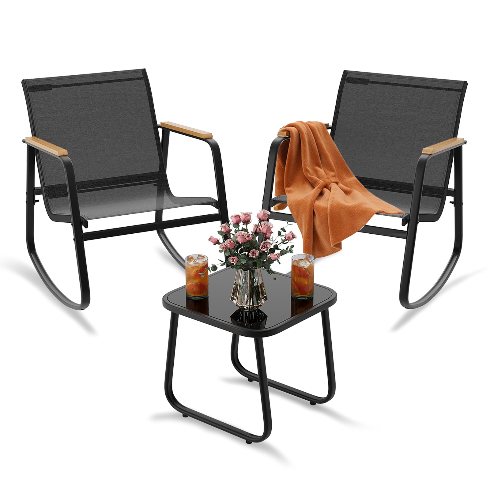 Bealife WR218 Ensemble de meubles de jardin 3 pièces, 2 chaises à bascule en maille et 1 table en verre pour meubles de balcon et salons de jardin
