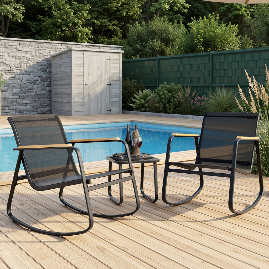 Bealife WR218 Ensemble de meubles de jardin 3 pièces, 2 chaises à bascule en maille et 1 table en verre pour meubles de balcon et salons de jardin