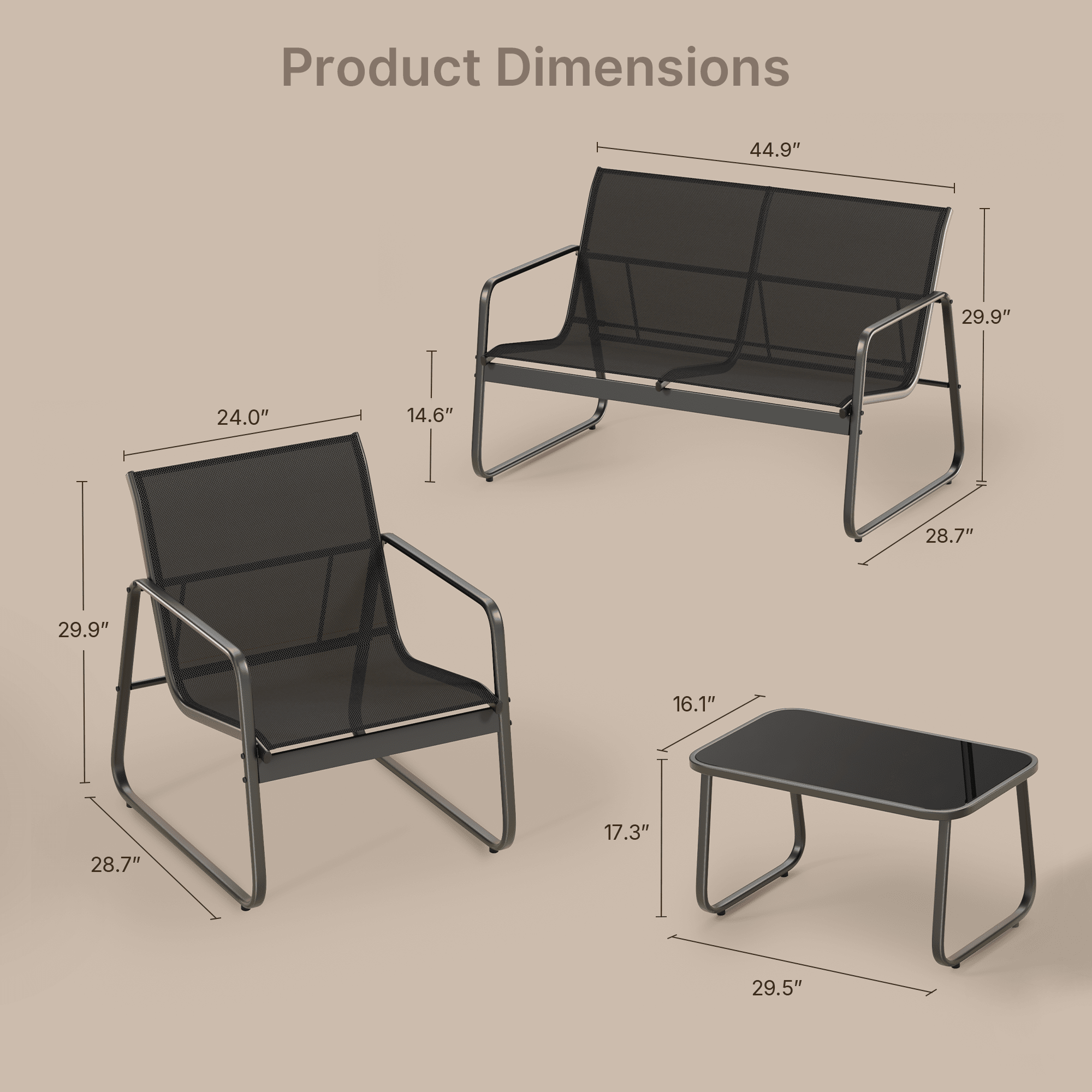 Bealife WR250 Ensembles de meubles de jardin, Salon de jardin 4 pièces, 1 table avec 1 canapé deux places et 2 fauteuils