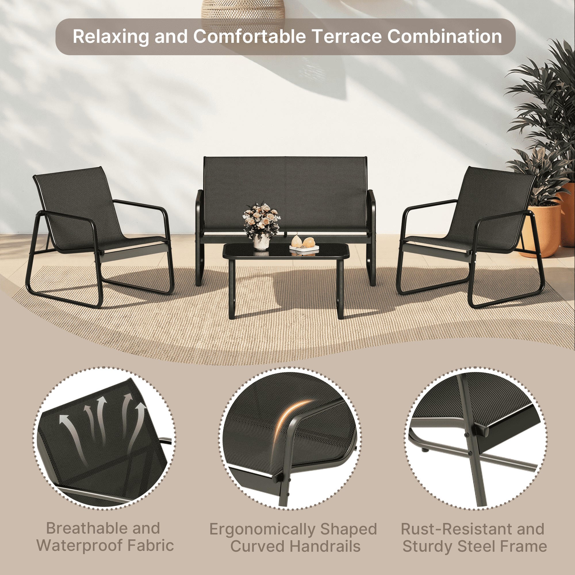 Bealife WR250 Ensembles de meubles de jardin, Salon de jardin 4 pièces, 1 table avec 1 canapé deux places et 2 fauteuils