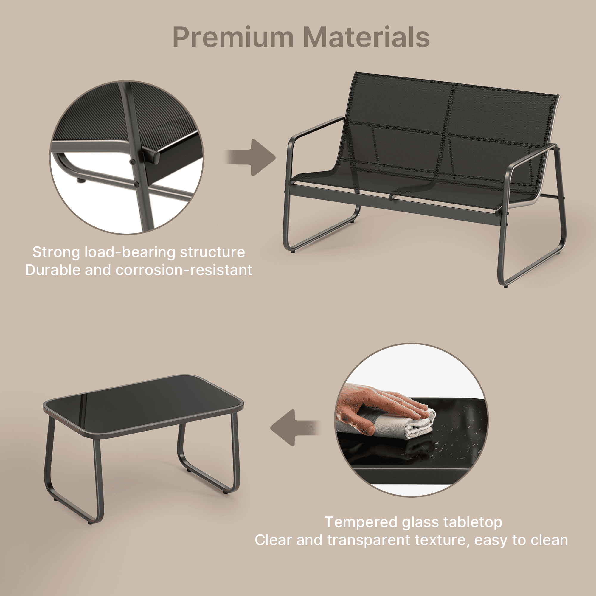 Bealife WR250 Ensembles de meubles de jardin, Salon de jardin 4 pièces, 1 table avec 1 canapé deux places et 2 fauteuils