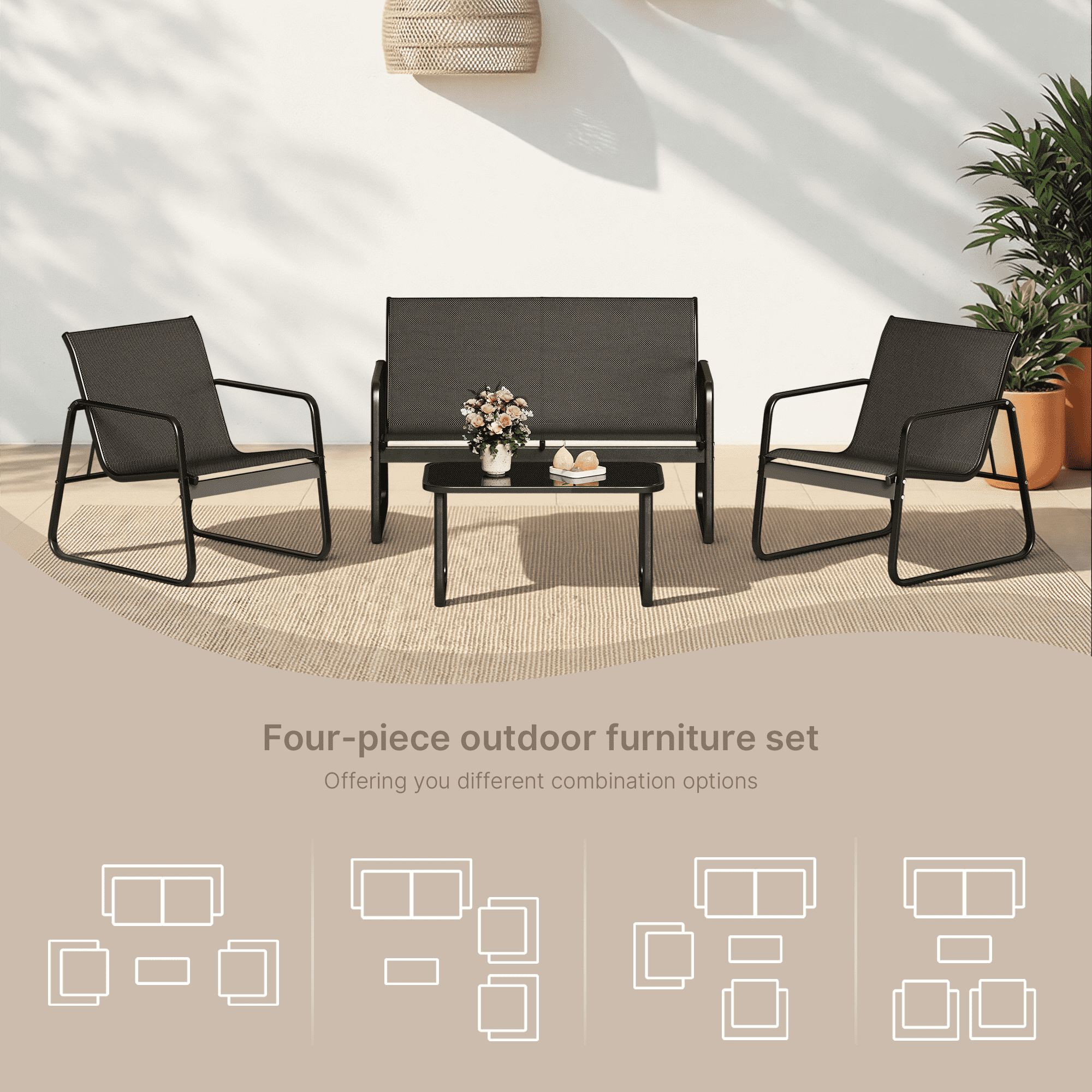Bealife WR250 Ensembles de meubles de jardin, Salon de jardin 4 pièces, 1 table avec 1 canapé deux places et 2 fauteuils