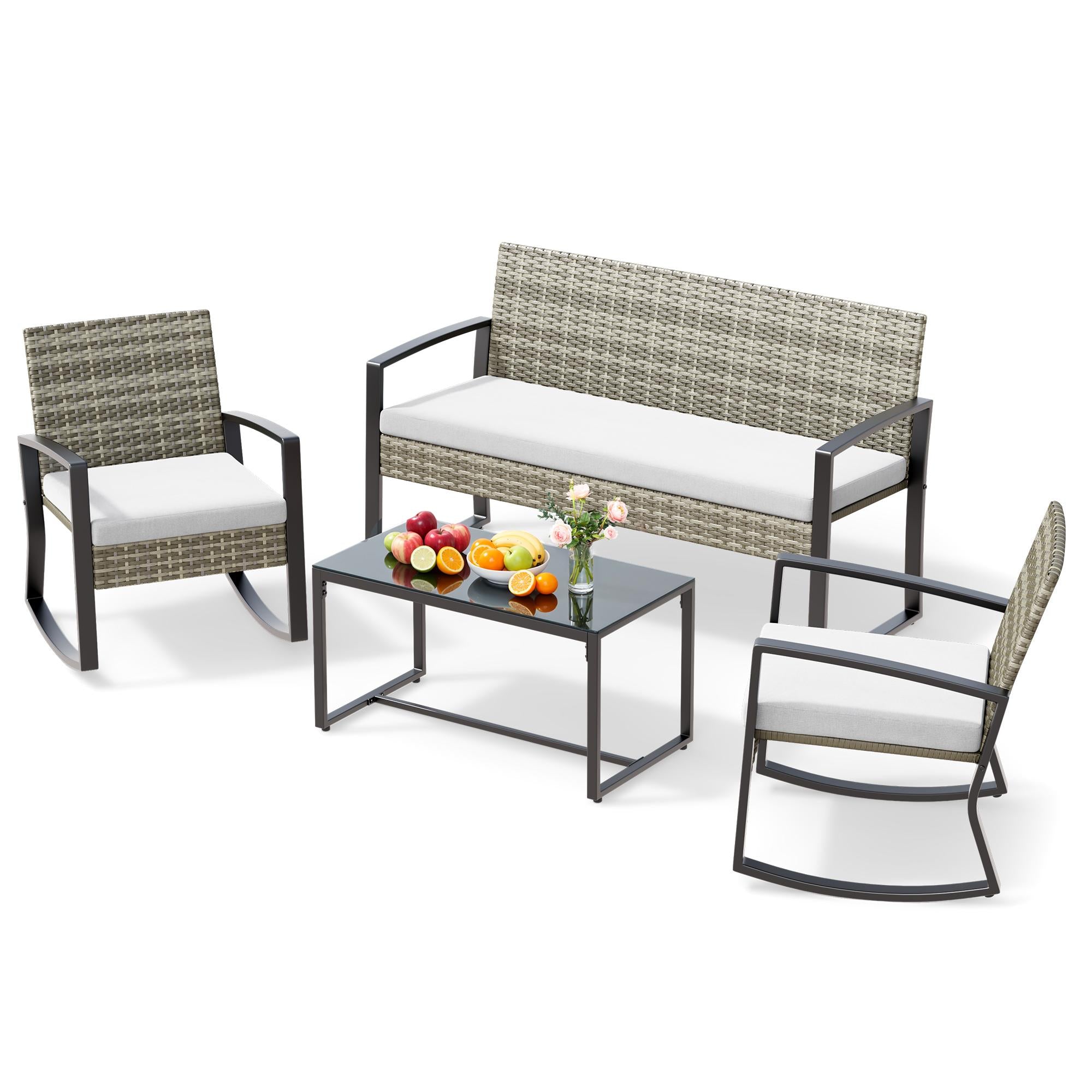 Bealife WR310 Ensemble de mobilier de jardin 4 pièces, 2 chaises à bascule en rotin PE résistant à l'eau et 1 banc de jardin, 1 table en verre pour terrasse et balcon