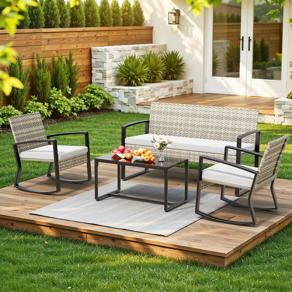 Bealife WR310 Ensemble de mobilier de jardin 4 pièces, 2 chaises à bascule en rotin PE résistant à l'eau et 1 banc de jardin, 1 table en verre pour terrasse et balcon