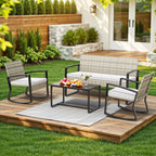 Bealife WR310 Ensemble de mobilier de jardin 4 pièces, 2 chaises à bascule en rotin PE résistant à l'eau et 1 banc de jardin, 1 table en verre pour terrasse et balcon