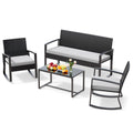 Bealife WR310 Ensemble de mobilier de jardin 4 pièces, 2 chaises à bascule en rotin PE résistant à l'eau et 1 banc de jardin, 1 table en verre pour terrasse et balcon