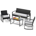 Bealife WR310 Ensemble de mobilier de jardin 4 pièces, 2 chaises à bascule en rotin PE résistant à l'eau et 1 banc de jardin, 1 table en verre pour terrasse et balcon