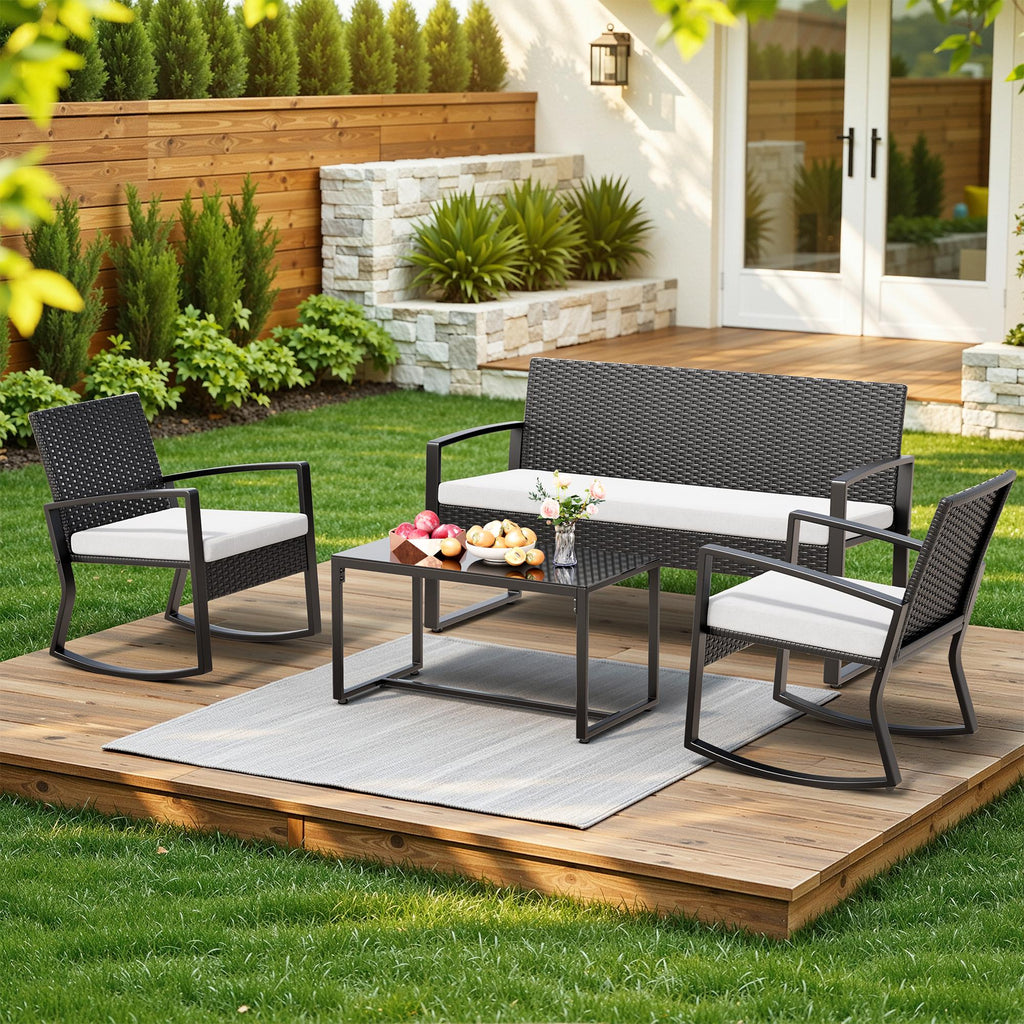 Bealife WR310 Ensemble de mobilier de jardin 4 pièces, 2 chaises à bascule en rotin PE résistant à l'eau et 1 banc de jardin, 1 table en verre pour terrasse et balcon