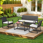 Bealife WR310 Ensemble de mobilier de jardin 4 pièces, 2 chaises à bascule en rotin PE résistant à l'eau et 1 banc de jardin, 1 table en verre pour terrasse et balcon