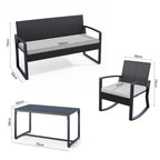 Bealife WR310 Ensemble de mobilier de jardin 4 pièces, 2 chaises à bascule en rotin PE résistant à l'eau et 1 banc de jardin, 1 table en verre pour terrasse et balcon