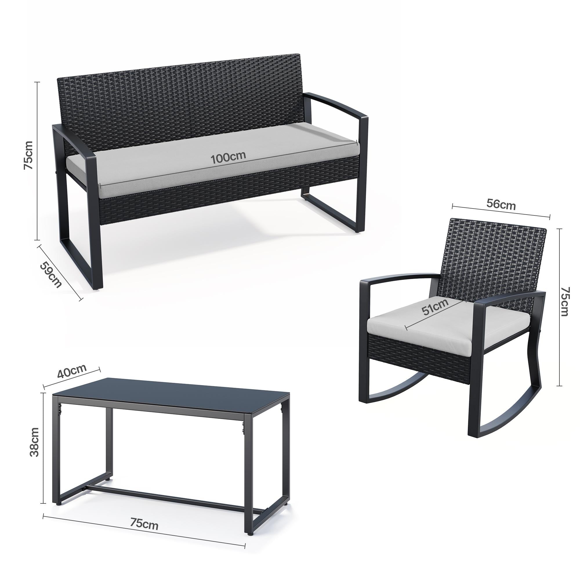 Bealife WR310 Ensemble de mobilier de jardin 4 pièces, 2 chaises à bascule en rotin PE résistant à l'eau et 1 banc de jardin, 1 table en verre pour terrasse et balcon