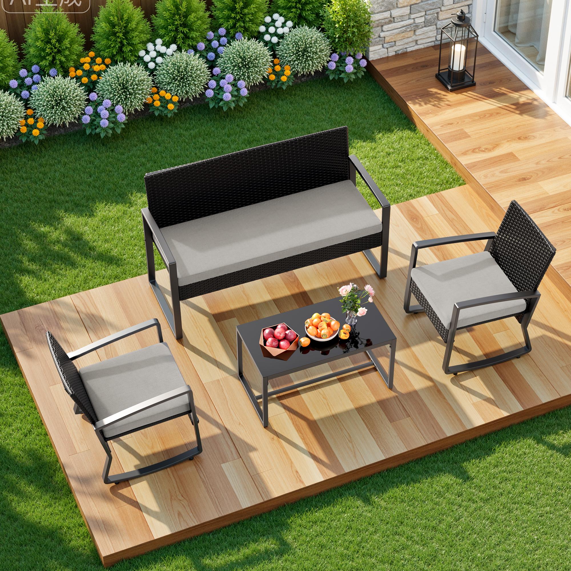 Bealife WR310 Ensemble de mobilier de jardin 4 pièces, 2 chaises à bascule en rotin PE résistant à l'eau et 1 banc de jardin, 1 table en verre pour terrasse et balcon