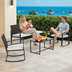 Bealife WR310 Ensemble de mobilier de jardin 4 pièces, 2 chaises à bascule en rotin PE résistant à l'eau et 1 banc de jardin, 1 table en verre pour terrasse et balcon