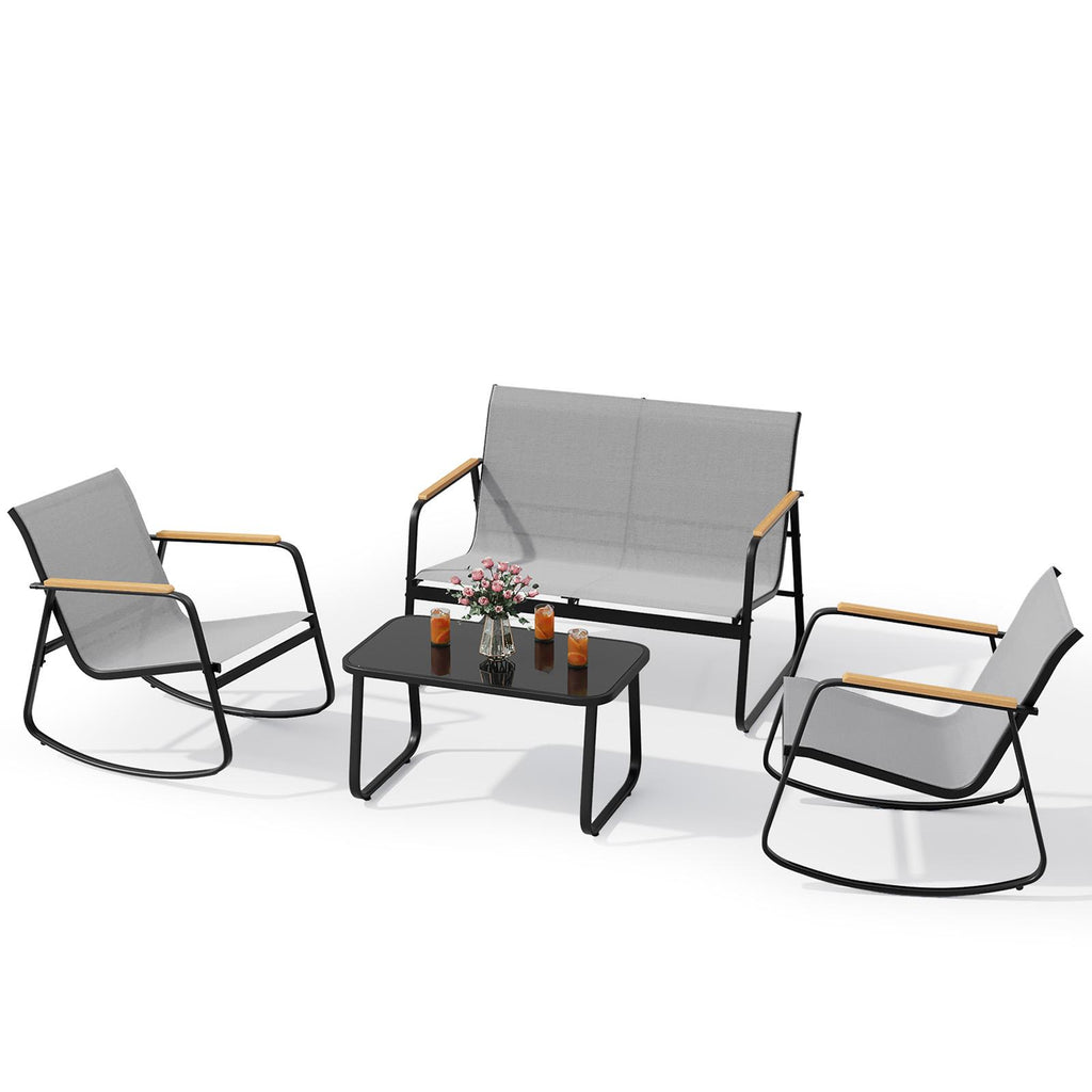 Bealife WR314 Salon de Jardin 4 Pièces, 2 Fauteuils à Bascule en Maille Respirante & 1 Table Basse en Verre, Mobilier de Balcon Résistant aux Intempéries pour Terrasse, Balcon & Extérieur