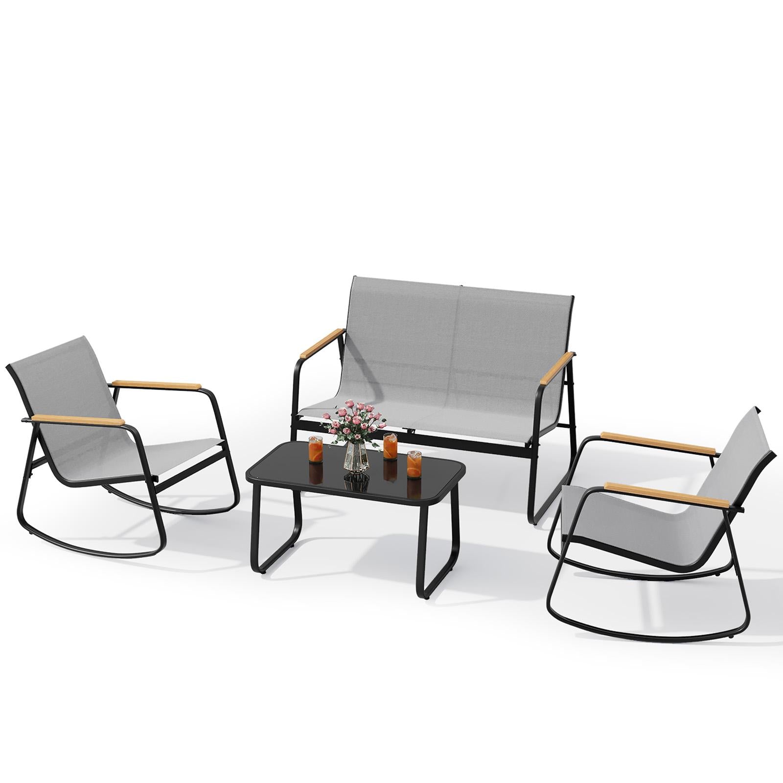 Bealife WR314 Salon de Jardin 4 Pièces, 2 Fauteuils à Bascule en Maille Respirante & 1 Table Basse en Verre, Mobilier de Balcon Résistant aux Intempéries pour Terrasse, Balcon & Extérieur