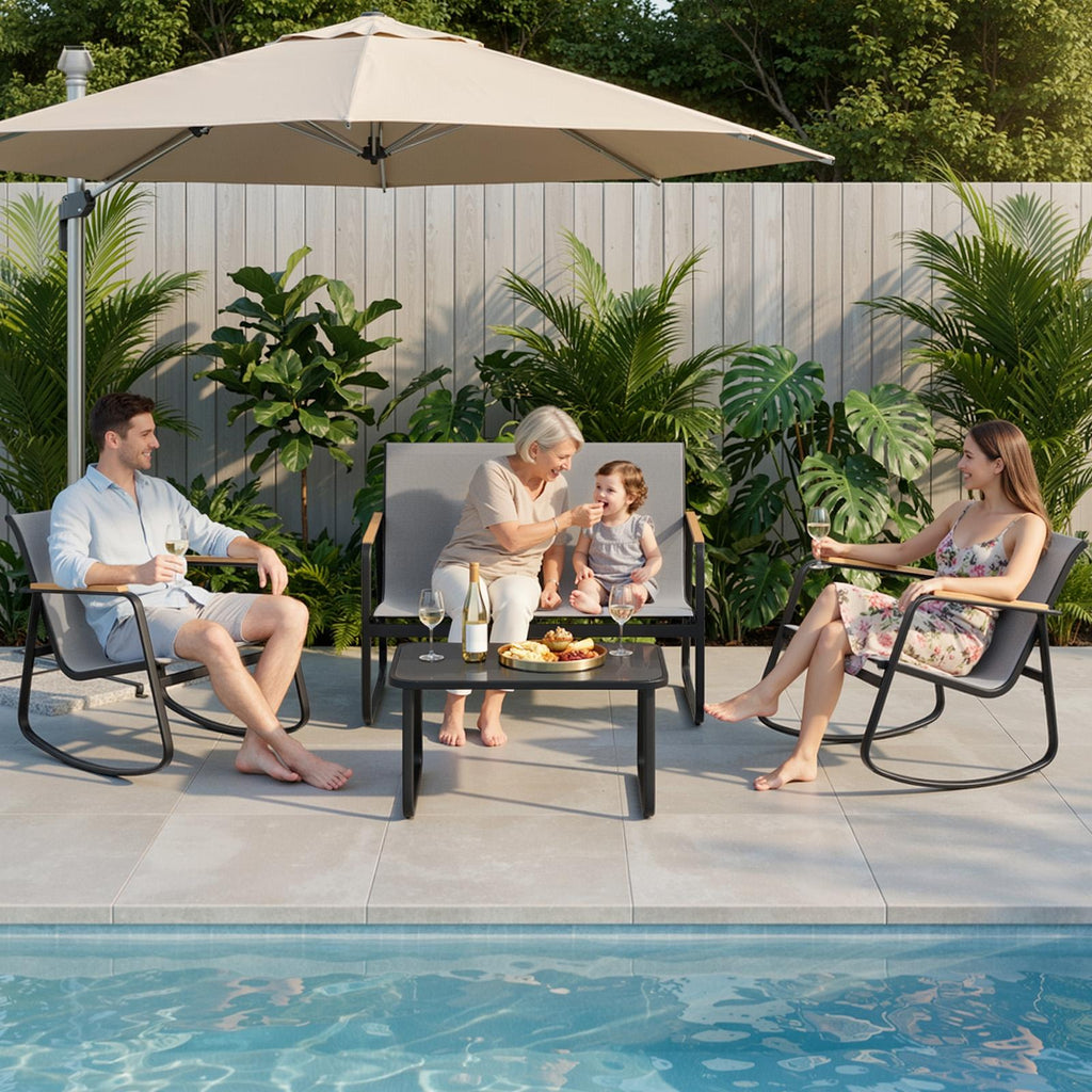 Bealife WR314 Salon de Jardin 4 Pièces, 2 Fauteuils à Bascule en Maille Respirante & 1 Table Basse en Verre, Mobilier de Balcon Résistant aux Intempéries pour Terrasse, Balcon & Extérieur