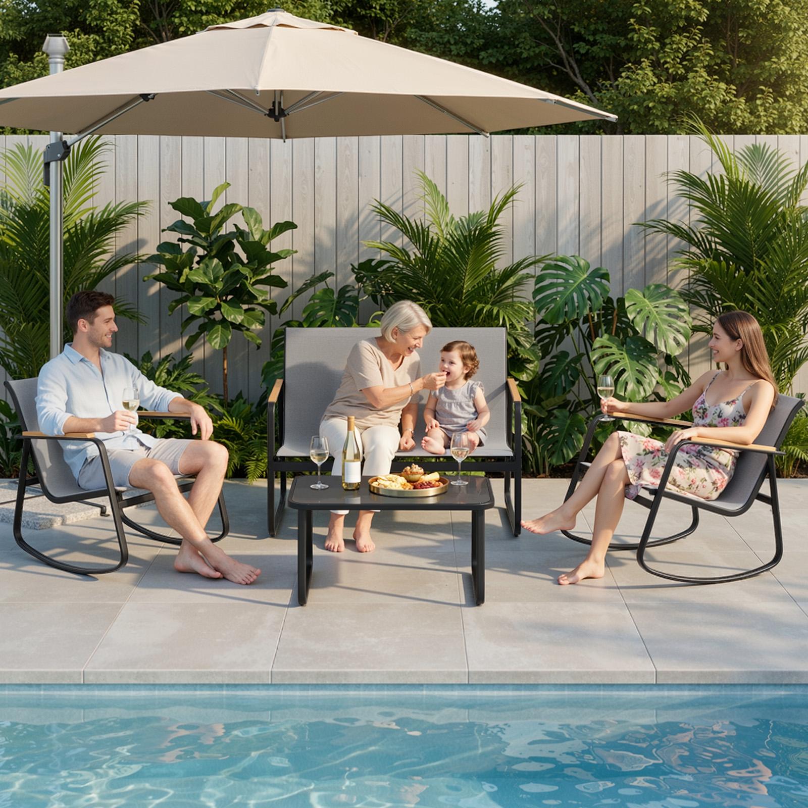 Bealife WR314 Salon de Jardin 4 Pièces, 2 Fauteuils à Bascule en Maille Respirante & 1 Table Basse en Verre, Mobilier de Balcon Résistant aux Intempéries pour Terrasse, Balcon & Extérieur