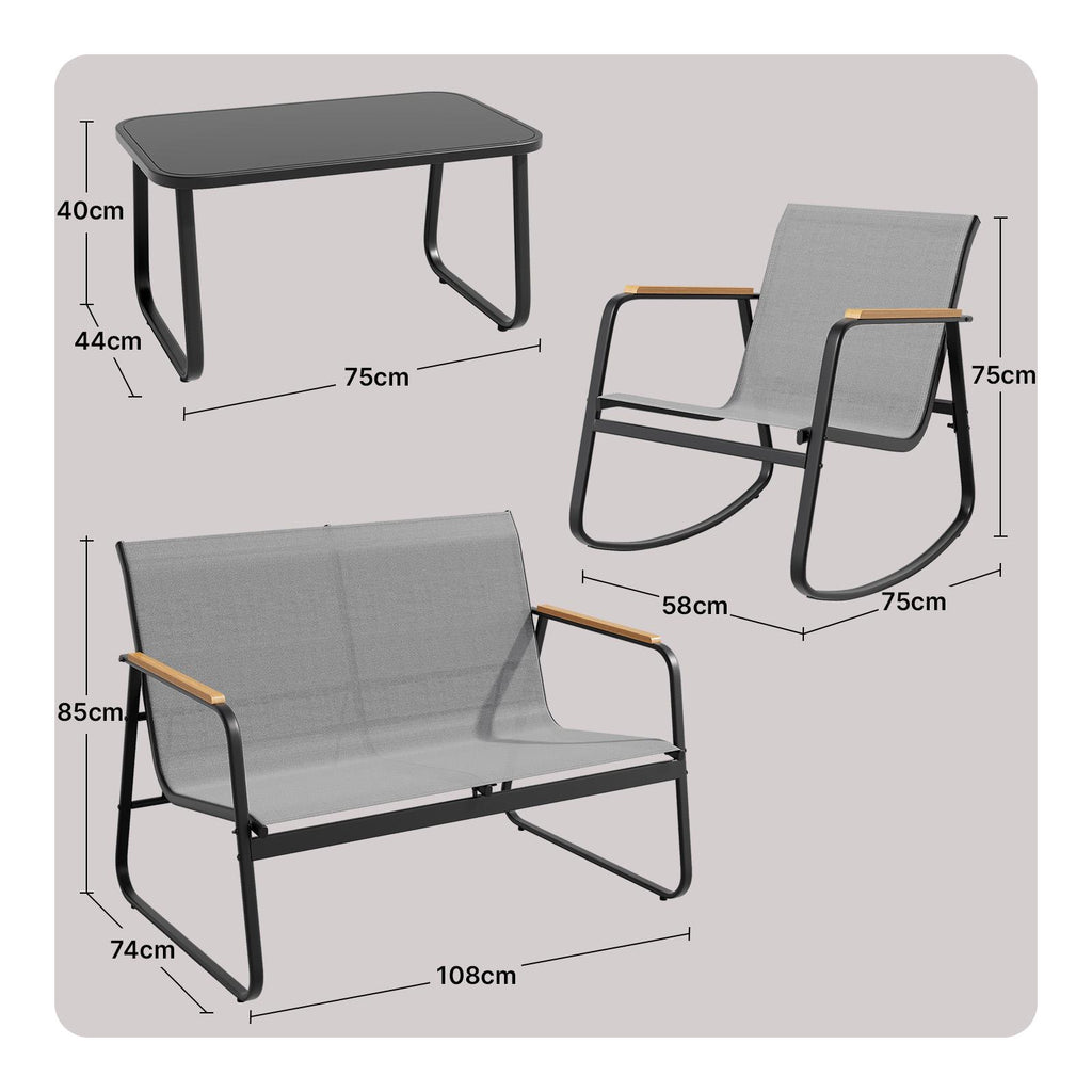 Bealife WR314 Salon de Jardin 4 Pièces, 2 Fauteuils à Bascule en Maille Respirante & 1 Table Basse en Verre, Mobilier de Balcon Résistant aux Intempéries pour Terrasse, Balcon & Extérieur