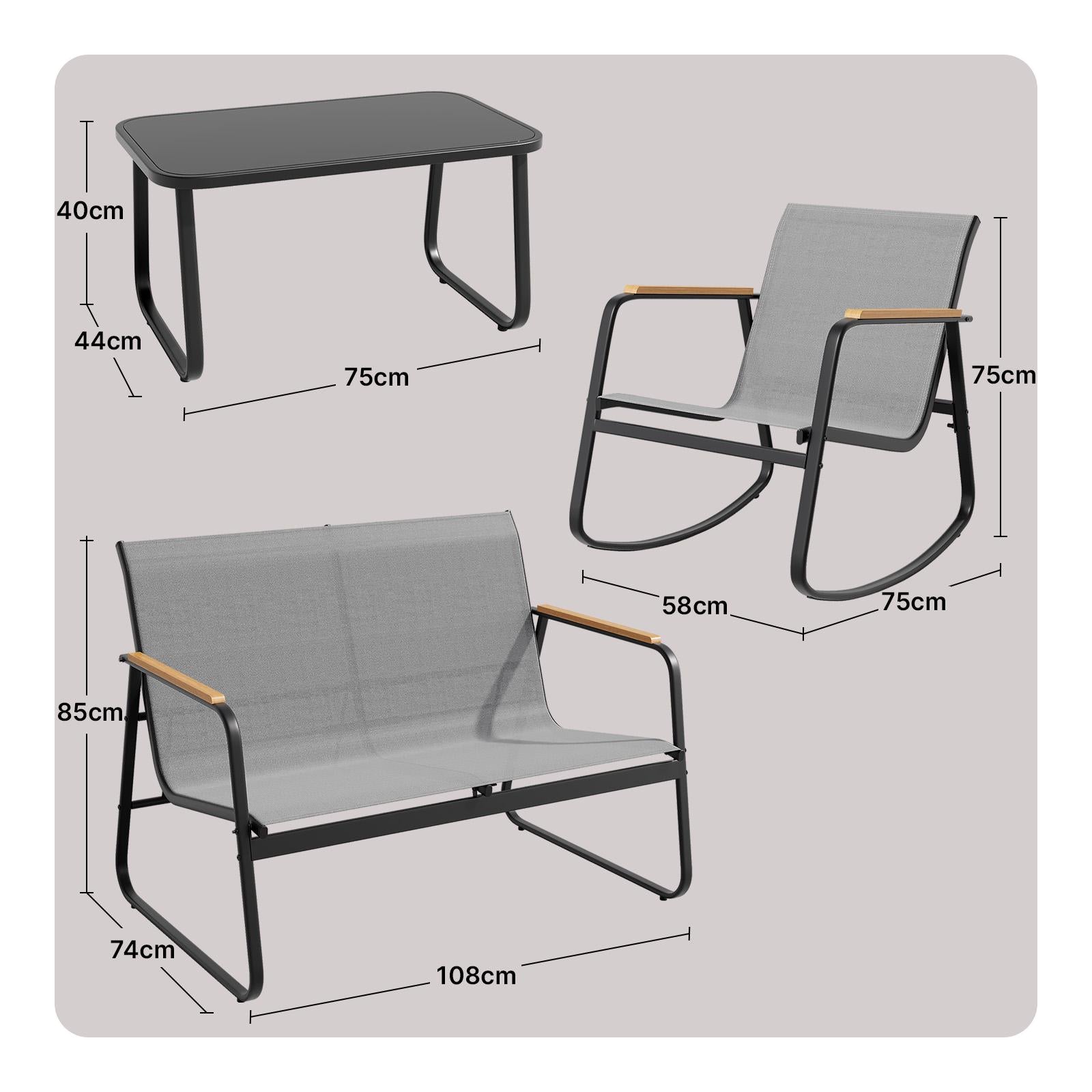 Bealife WR314 Salon de Jardin 4 Pièces, 2 Fauteuils à Bascule en Maille Respirante & 1 Table Basse en Verre, Mobilier de Balcon Résistant aux Intempéries pour Terrasse, Balcon & Extérieur