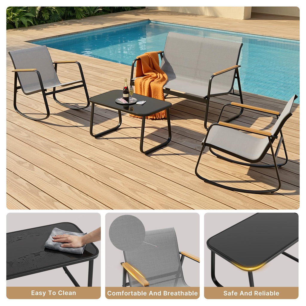 Bealife WR314 Salon de Jardin 4 Pièces, 2 Fauteuils à Bascule en Maille Respirante & 1 Table Basse en Verre, Mobilier de Balcon Résistant aux Intempéries pour Terrasse, Balcon & Extérieur