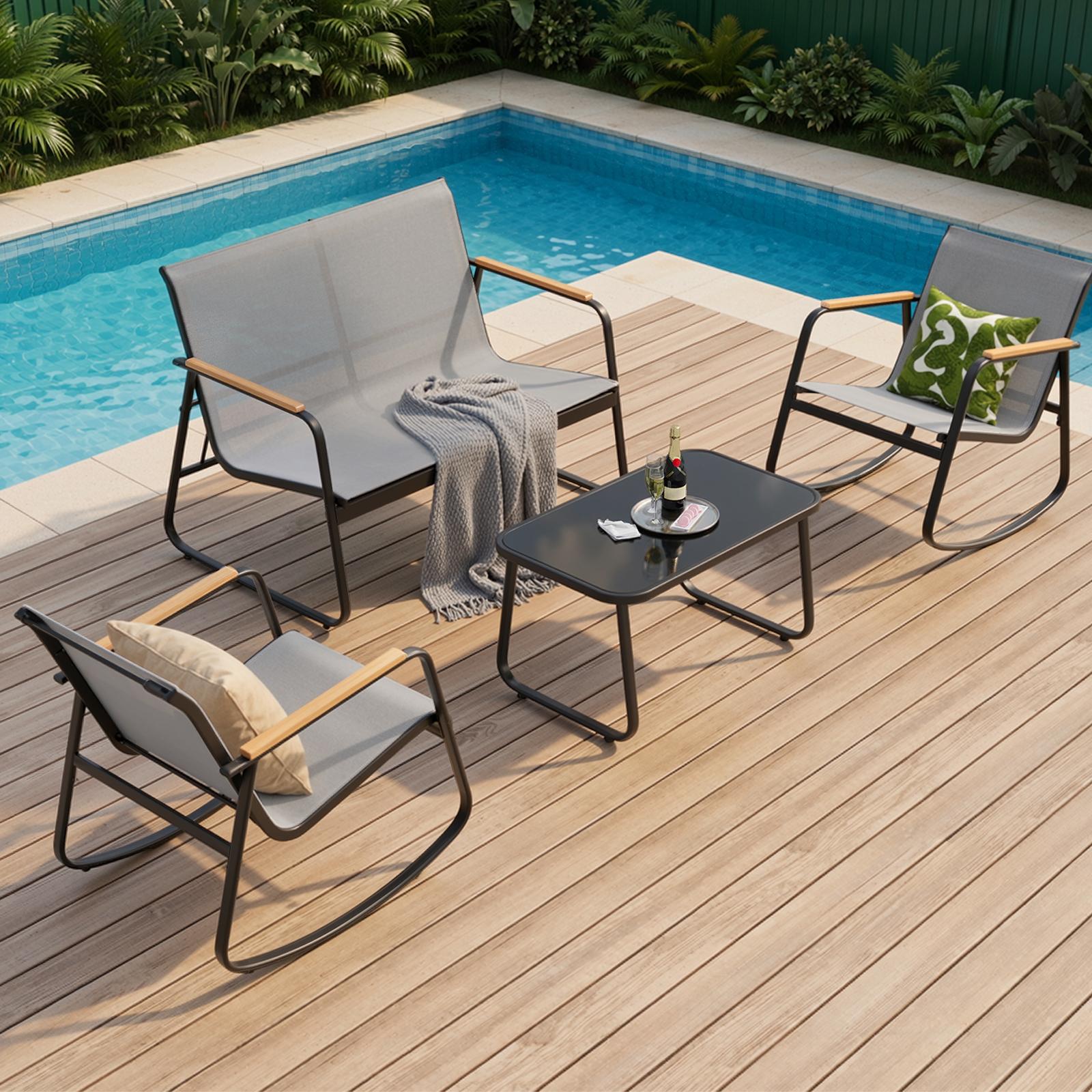 Bealife WR314 Salon de Jardin 4 Pièces, 2 Fauteuils à Bascule en Maille Respirante & 1 Table Basse en Verre, Mobilier de Balcon Résistant aux Intempéries pour Terrasse, Balcon & Extérieur