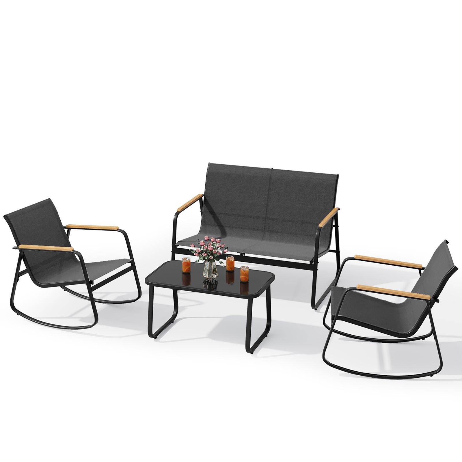 Bealife WR314 Salon de Jardin 4 Pièces, 2 Fauteuils à Bascule en Maille Respirante & 1 Table Basse en Verre, Mobilier de Balcon Résistant aux Intempéries pour Terrasse, Balcon & Extérieur
