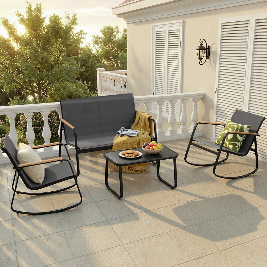 Bealife WR314 Salon de Jardin 4 Pièces, 2 Fauteuils à Bascule en Maille Respirante & 1 Table Basse en Verre, Mobilier de Balcon Résistant aux Intempéries pour Terrasse, Balcon & Extérieur