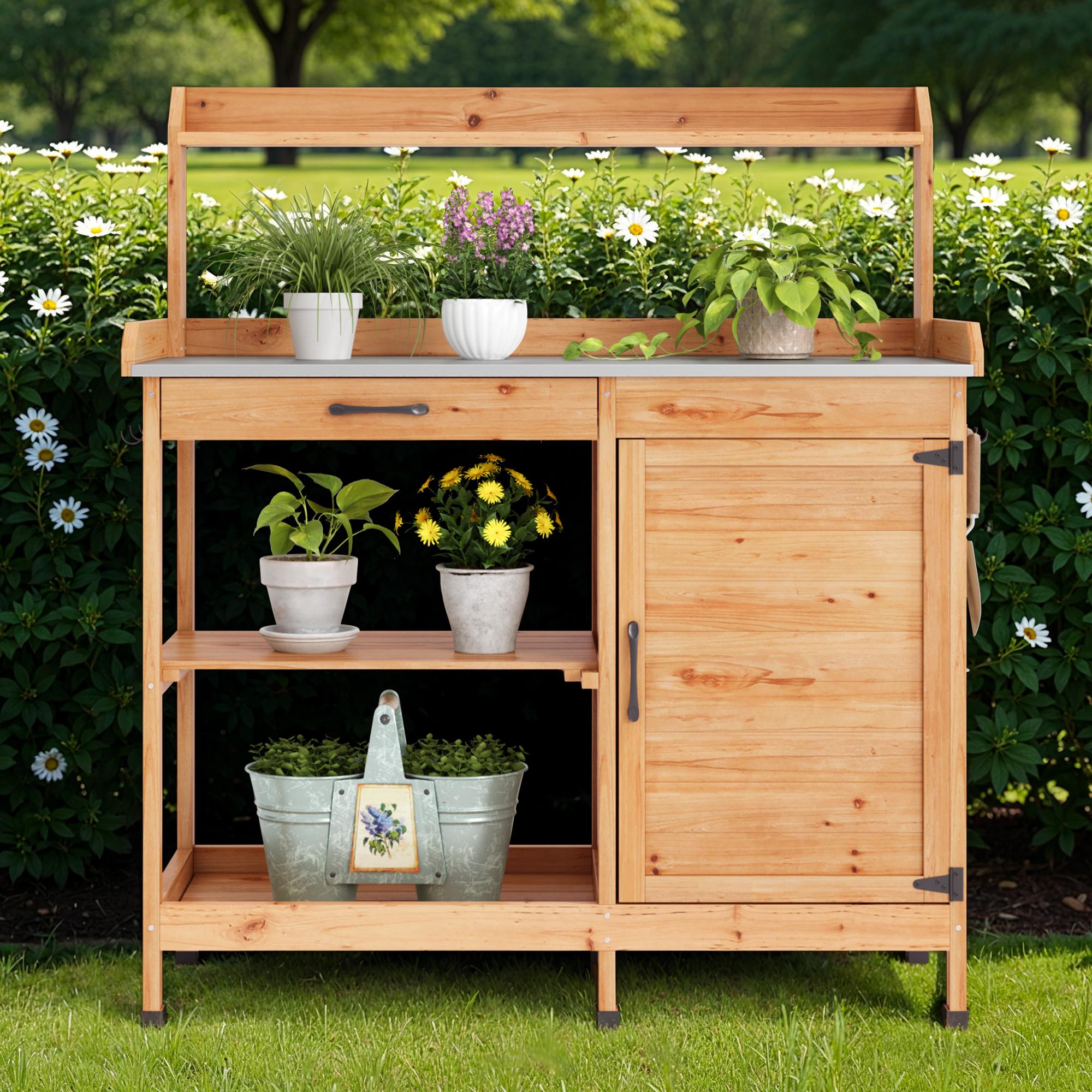 Bealife CC51 Armoire de jardin multifonctionnelle avec crochets et tiroir, également utilisable comme table de rempotage et étagère à plantes