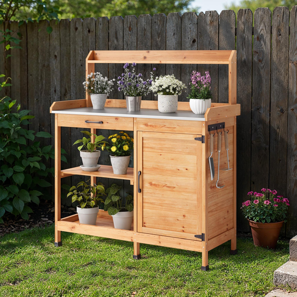 Bealife CC51 Armoire de jardin multifonctionnelle avec crochets et tiroir, également utilisable comme table de rempotage et étagère à plantes