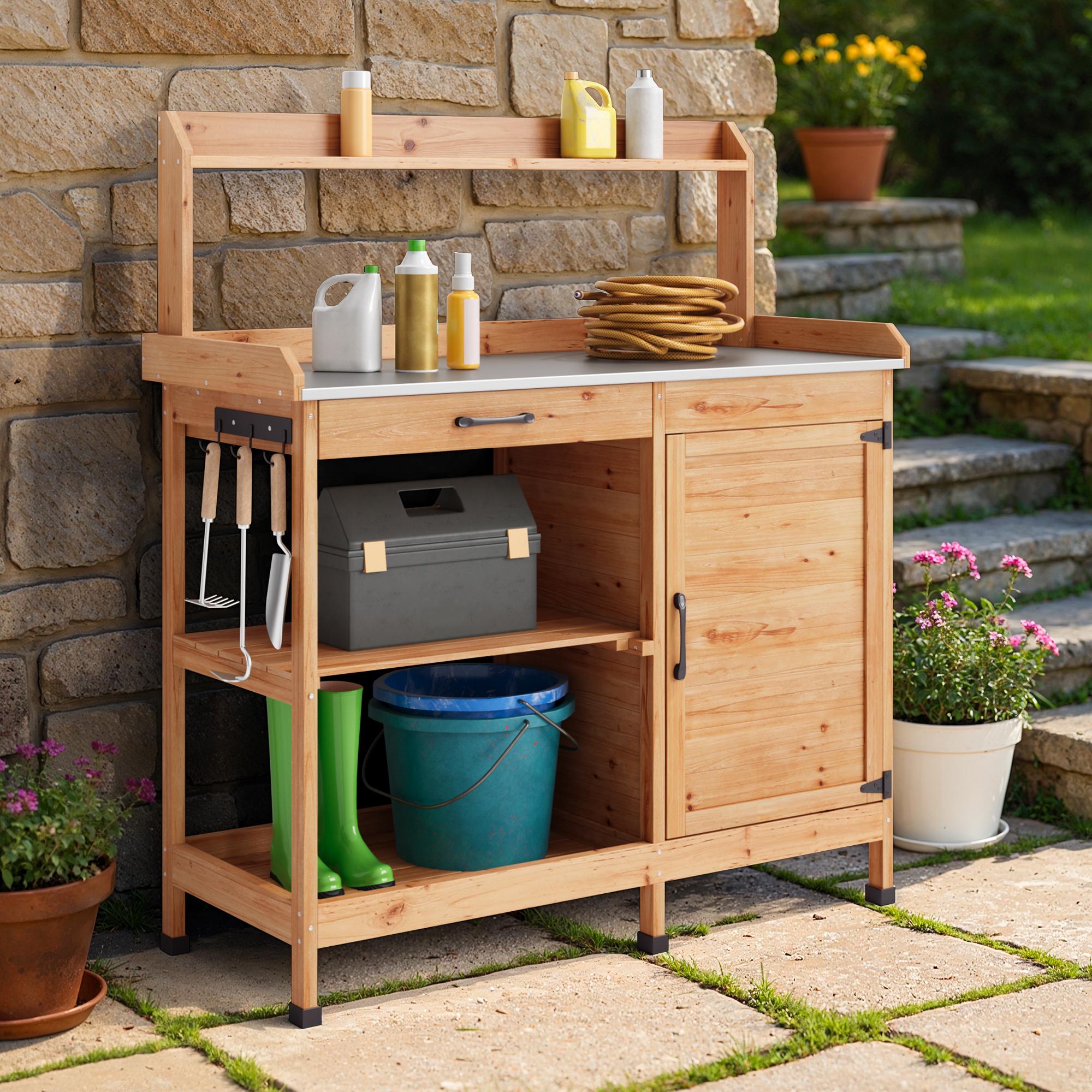 Bealife CC51 Armoire de jardin multifonctionnelle avec crochets et tiroir, également utilisable comme table de rempotage et étagère à plantes