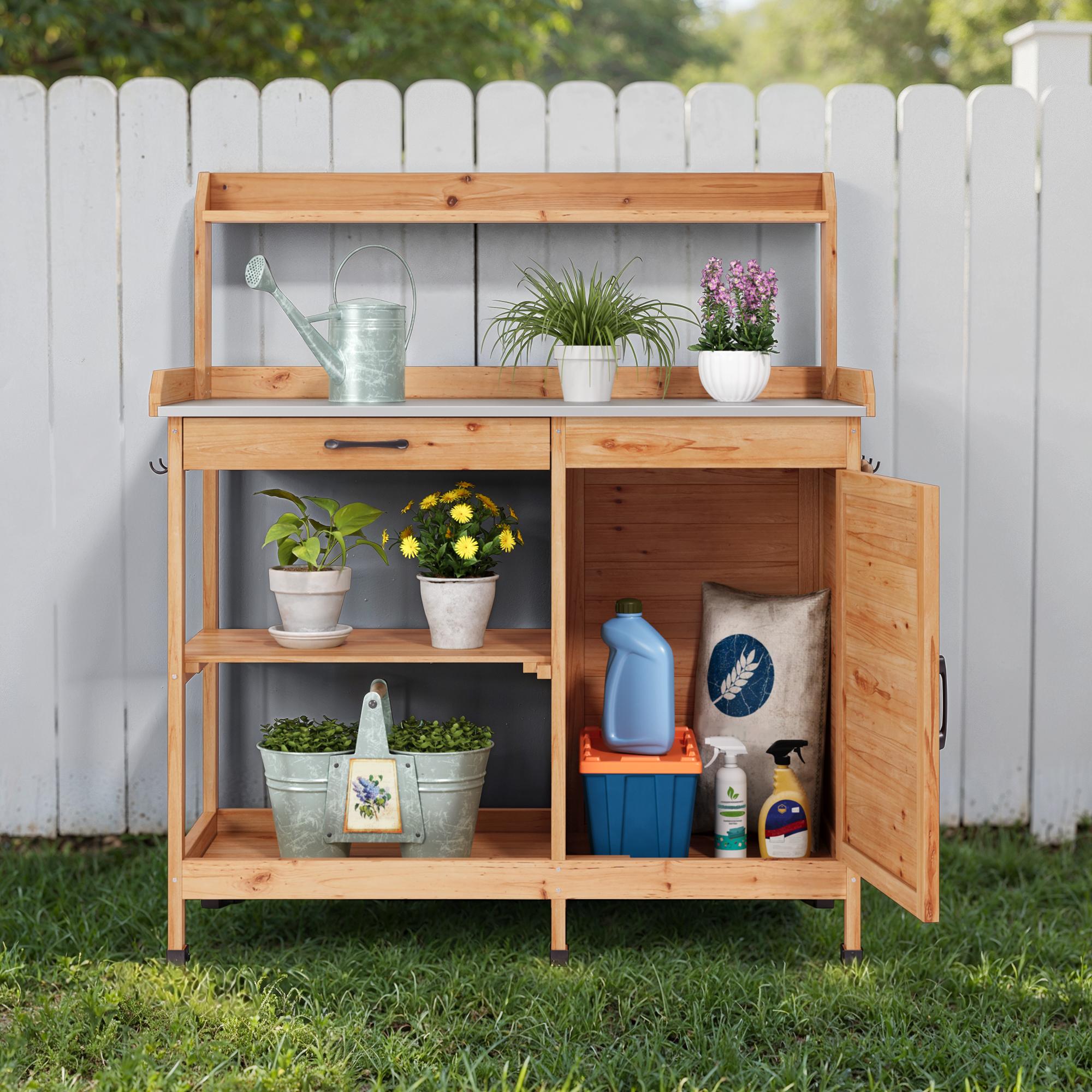 Bealife CC51 Armoire de jardin multifonctionnelle avec crochets et tiroir, également utilisable comme table de rempotage et étagère à plantes