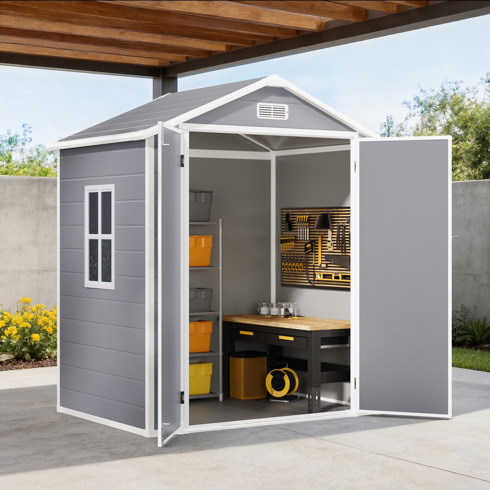 Bealife CC70 Abris de jardin avec toit triangulaire élargi, grand espace de rangement, cabanon de rangement extérieur, pour arrière-cour, terrasse, pelouse
