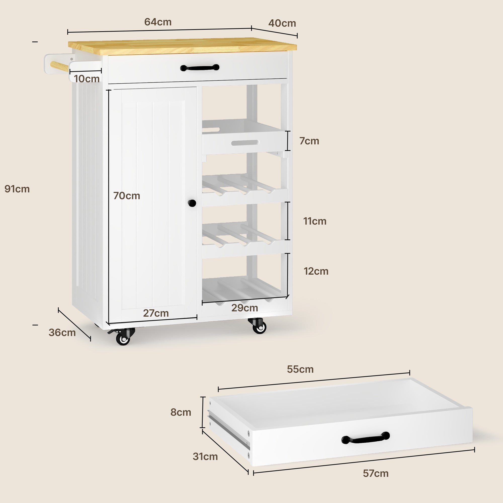Bealife KC52 Desserte de cuisine à roulettes, Chariot de service avec rangement multifonctionnel