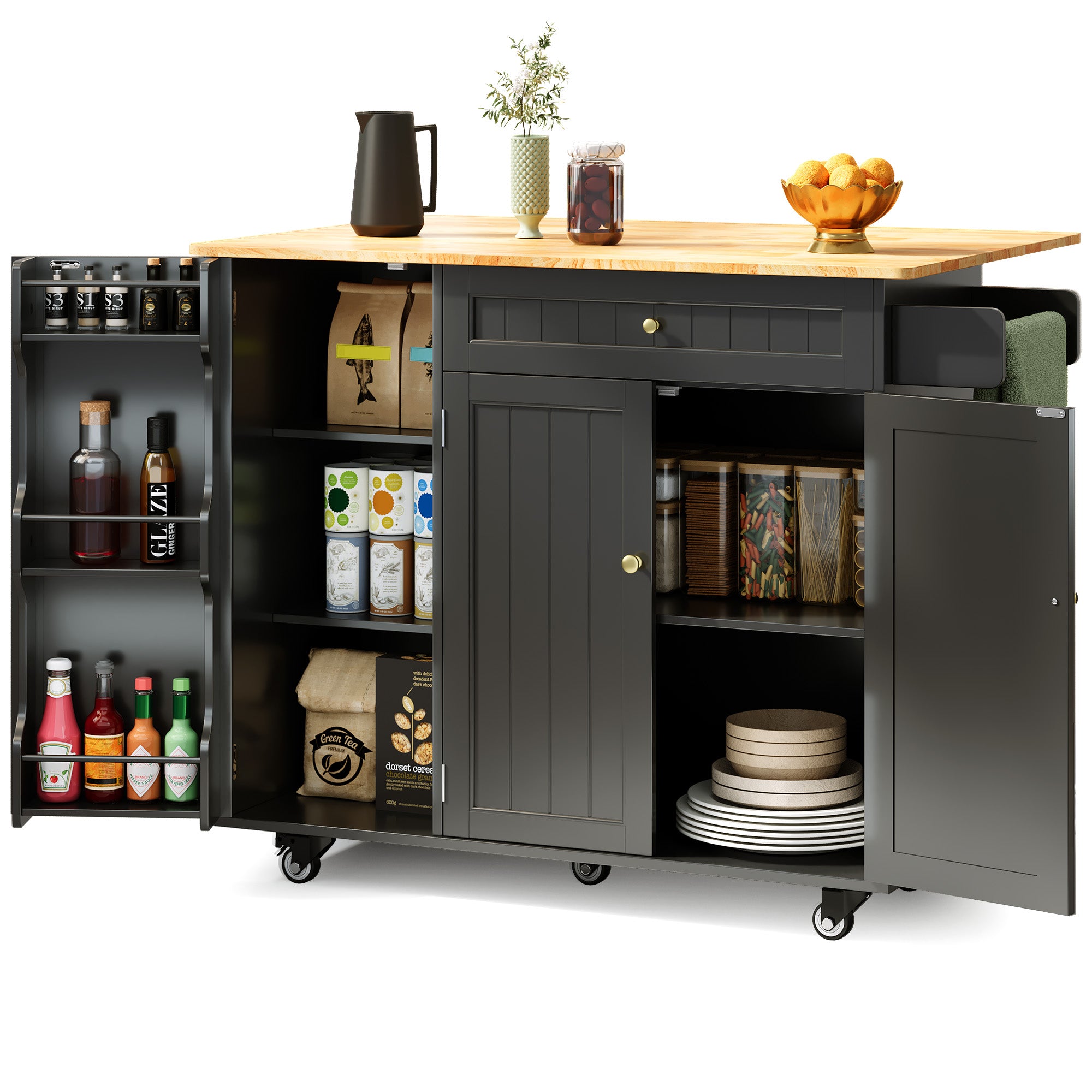 Bealife KC90 Chariot de cuisine pliable sur roulettes, Desserte mobile avec grand espace de rangement, Chariot de service multifonctionnel avec plan de travail pour cuisine