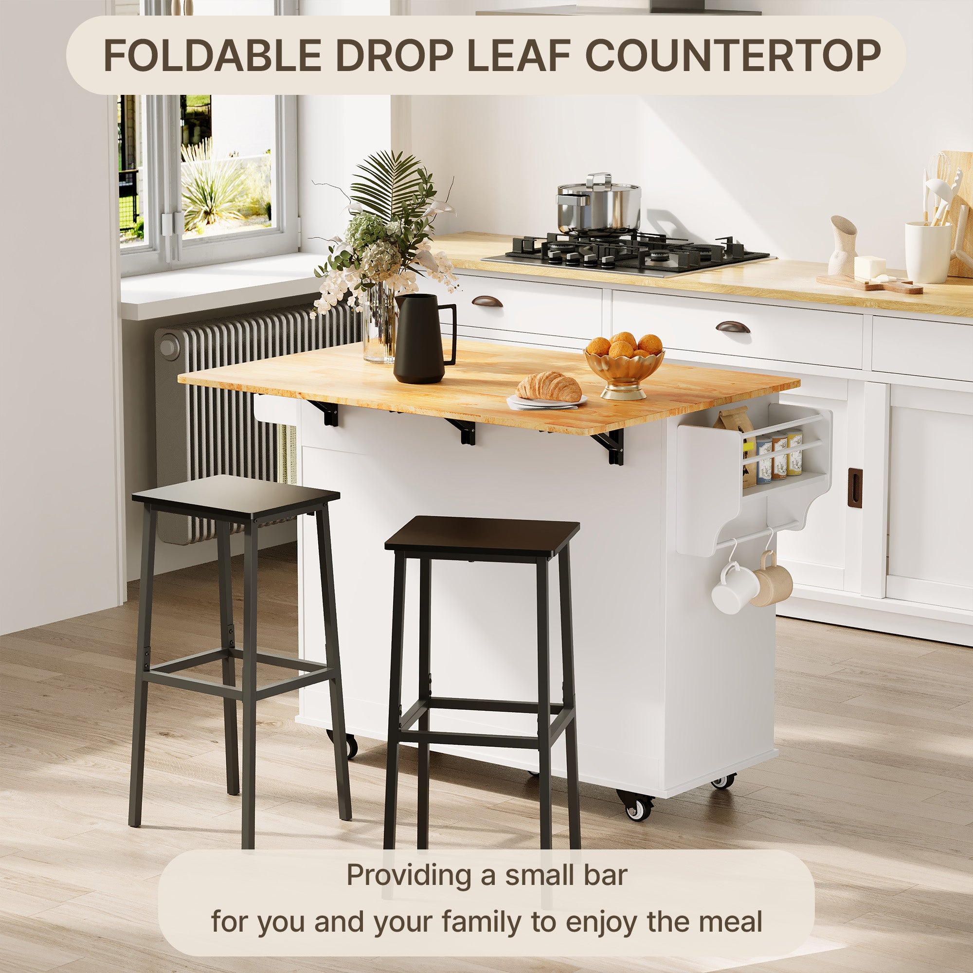 Bealife KC90 Chariot de cuisine pliable sur roulettes, Desserte mobile avec grand espace de rangement, Chariot de service multifonctionnel avec plan de travail pour cuisine