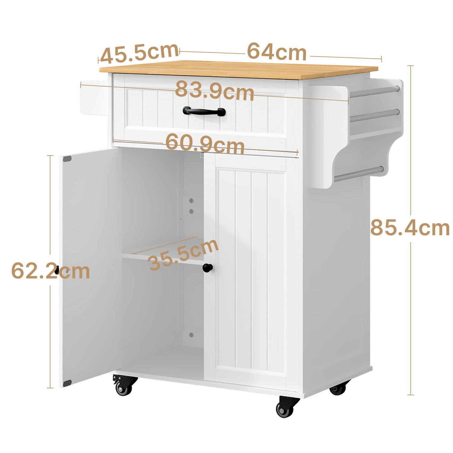 Bealife AK61 Desserte de cuisine mobile, Chariot de service avec plan de travail, 1 tiroir, étagère à épices et porte-serviettes